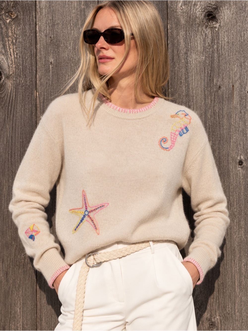 White + Warren Beachcomber Embroidered Cashmere Crewneck Sweater Large